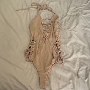 Lace-Up Tan One-Piece Swimsuit
